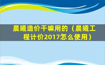 晨曦造价干嘛用的（晨曦工程计价2017怎么使用）